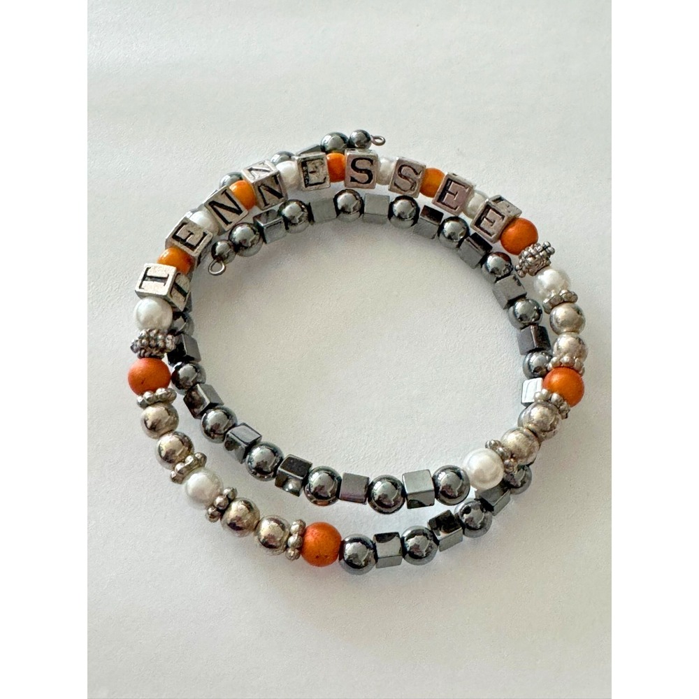 Tenessee Beaded Friendship Wrap Bracelet. Orange‎ White Silver Tone & Gun Metal